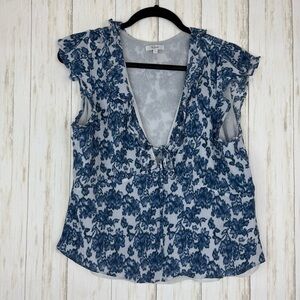 Rails Blue Floral V neck flutter Blouse